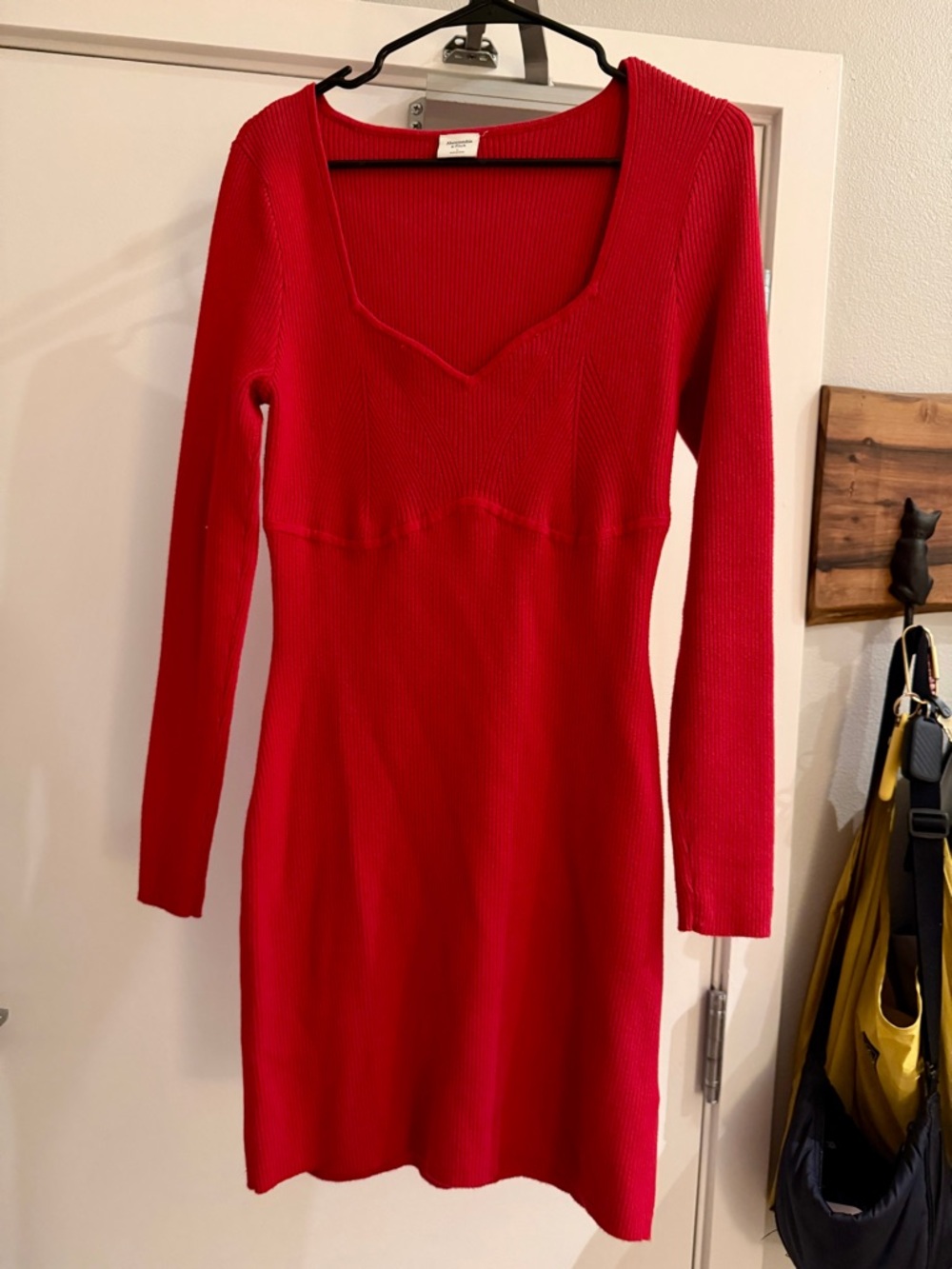 Abercrombie & Fitch Red Ribbed Long-Sleeve Bodycon Dress